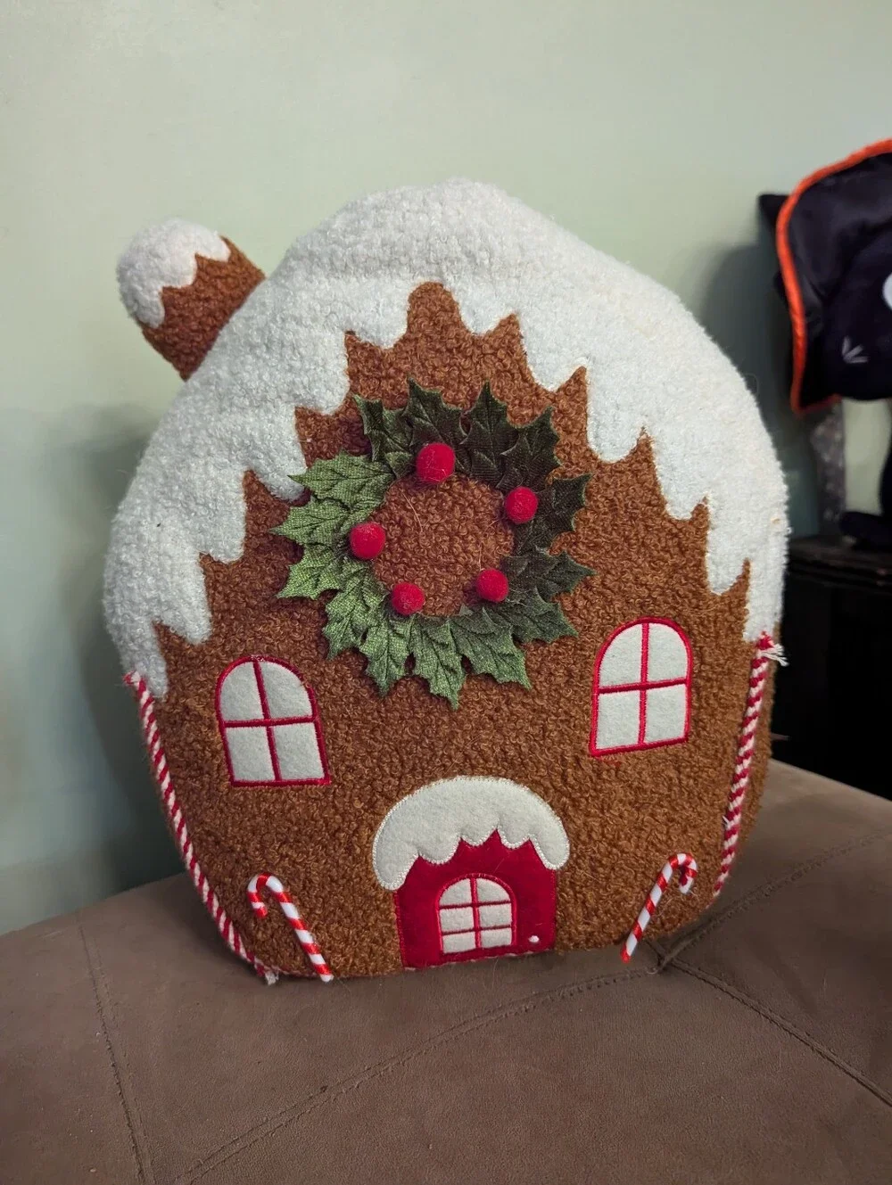 Holiday Gingerbread House Decorative Pillow - White and Brown